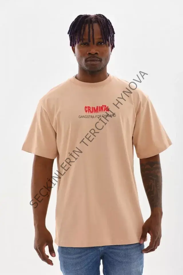 Unisex Baskılı Oversize T-Shirt - Bej