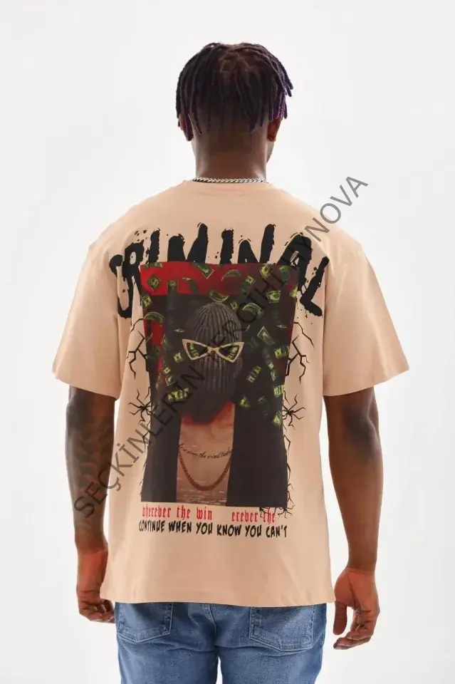 Unisex Baskılı Oversize T-Shirt - Bej