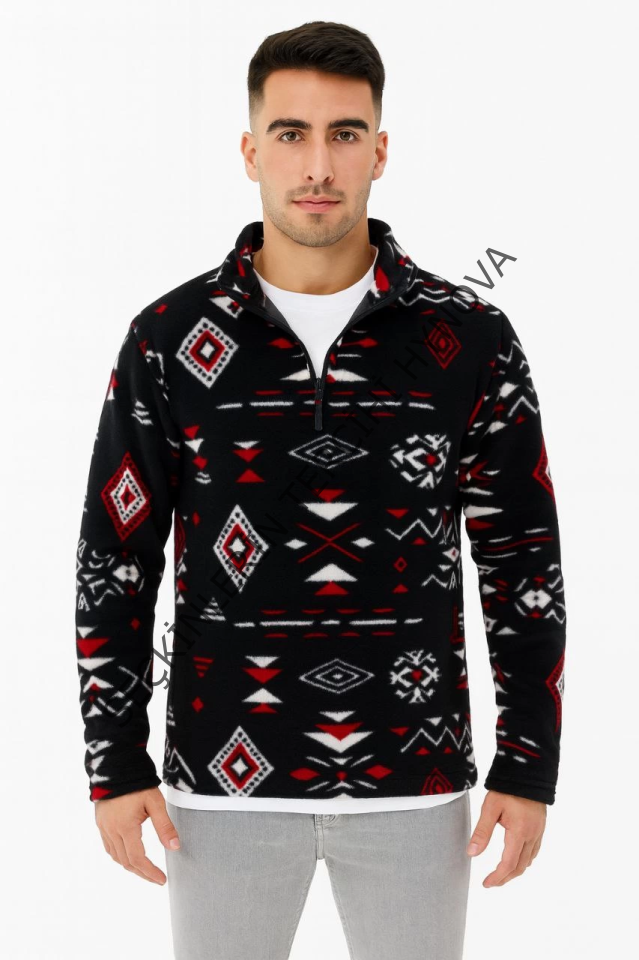 Erkek Yarım Fermuarlı Desenli Polar Sweat Tribal Etnik Desen Yakalı, Uzun Kollu, Oversize Rahat Kalıp, - Siyah