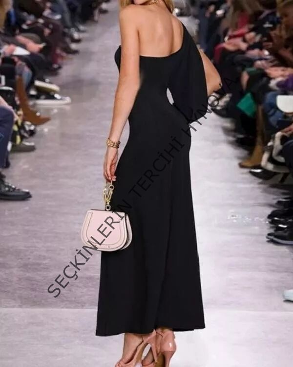 Tek Omuz Açık Derin Yırtmaçlı Krep Tam Boy Elbise