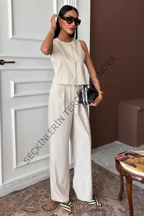 Yelek Plazzo Pantolon Çizgili Flamlı Poliviscon Takım 10178