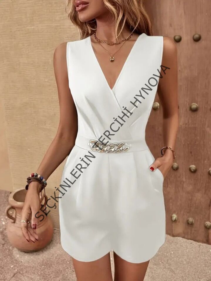 Kadın Sıfır Kollu V Yakalı Cep Detaylı Ithal Krep Tulum