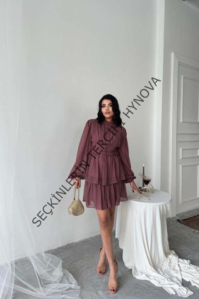 ŞİFON KATLI UZUN KOL ELBİSE - Pudra