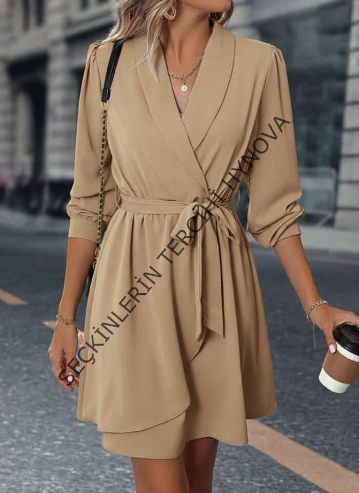 Kadın Uzun Kollu Kruvaze Yakalı Belden Kuşaklı Mini çift Katlı Ithal Krep Elbise
