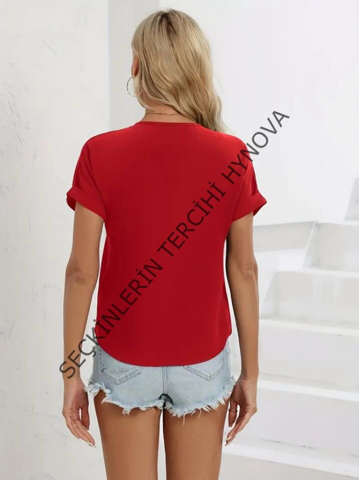 Kadın Kısa Kollu V Yaka Fermuarlı Salaş Sandy Bluz