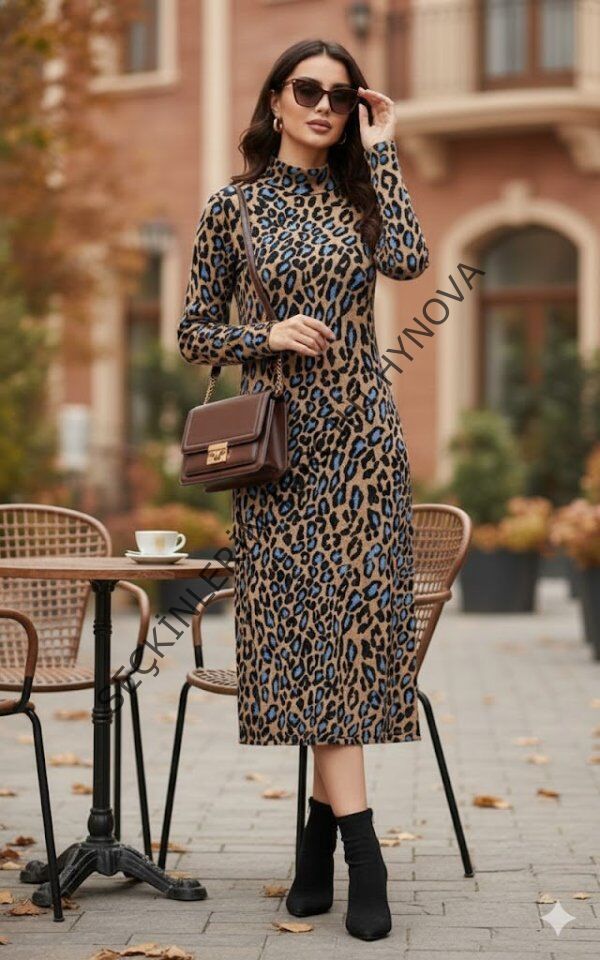 Kadın Uzun Kollu Balıkçı Yaka Leopar Desenli Midi Boy Elbise