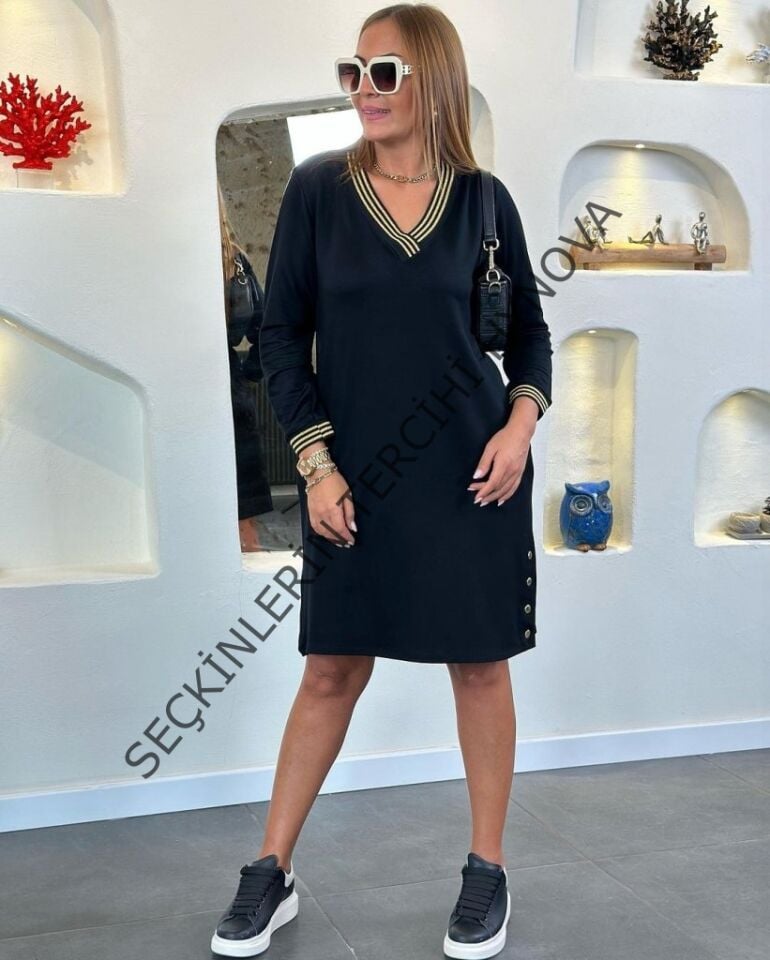 Kadın Uzun Kollu V Yaka Kol Ve Yaka Ribanalı Etek çıtçıt Detay Iki Iplik Elbise