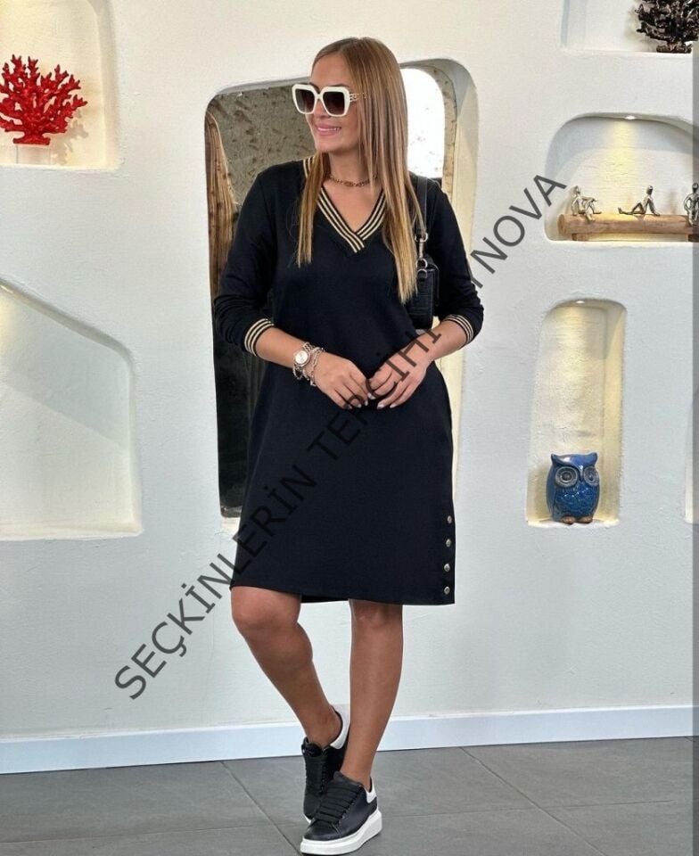 Kadın Uzun Kollu V Yaka Kol Ve Yaka Ribanalı Etek çıtçıt Detay Iki Iplik Elbise