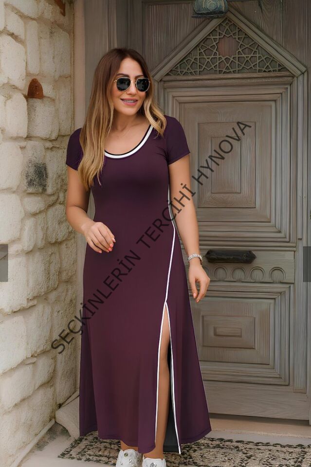 Kadın Kısa Kollu Yuvarlak Yaka Beyaz Yırtmaç Detaylı Viskon Tam Boy Elbise