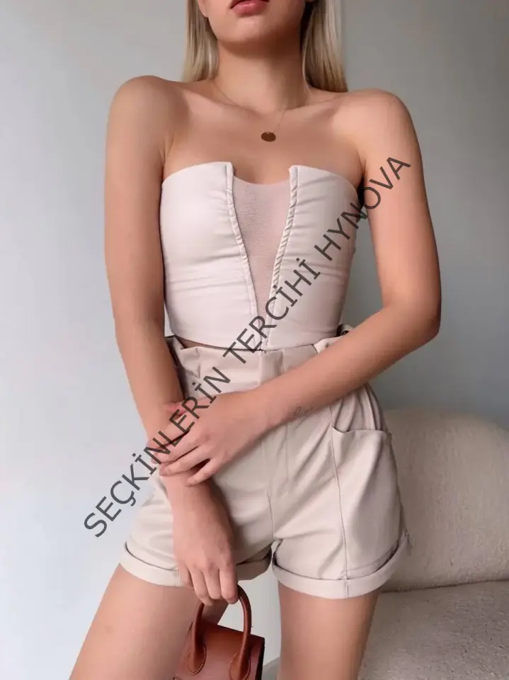 Tüllü deri crop bej w24615