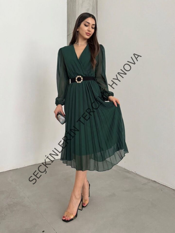 Kadın şifon Kumaş Astalı Kloş Kesim Kruvaze Yaka Midi Boy Elbise