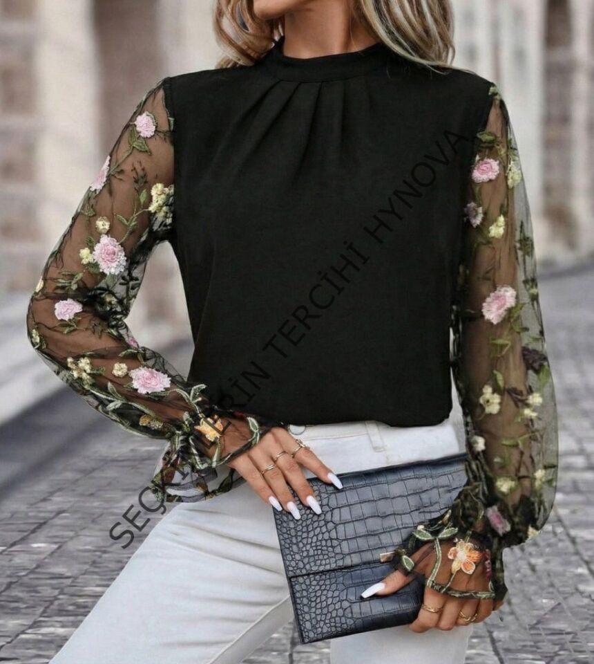 Kadın Uzun Kollu Yarı Balıkçı Yaka Tül Detaylı Ithal Krep Bluz