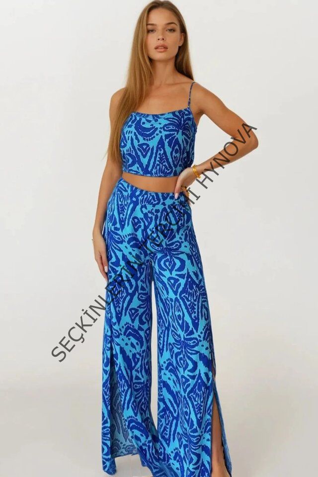 Kadın Dokuma Viskon Yırtmaç Detaylı Takım