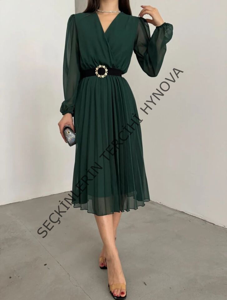 Kadın şifon Kumaş Astalı Kloş Kesim Kruvaze Yaka Midi Boy Elbise