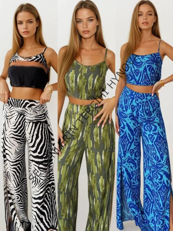 Kadın Dokuma Viskon Yırtmaç Detaylı Takım