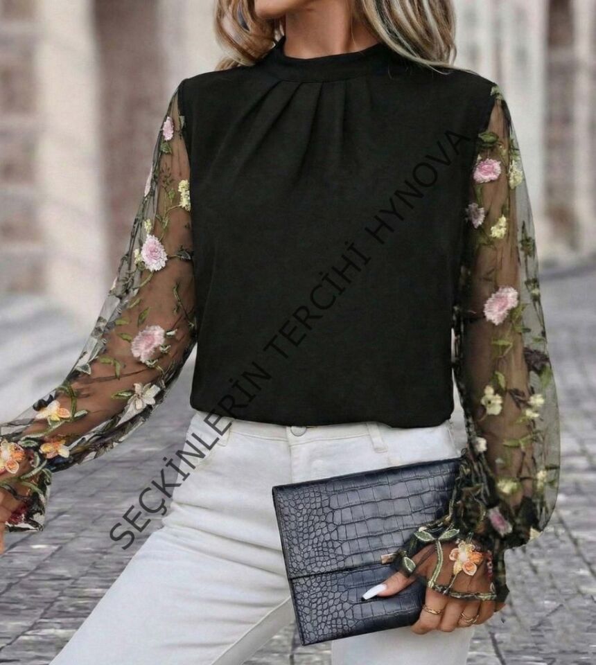 Kadın Uzun Kollu Yarı Balıkçı Yaka Tül Detaylı Ithal Krep Bluz