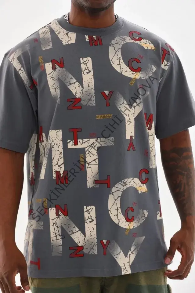 Unisex Baskılı Oversize T-Shirt - Füme