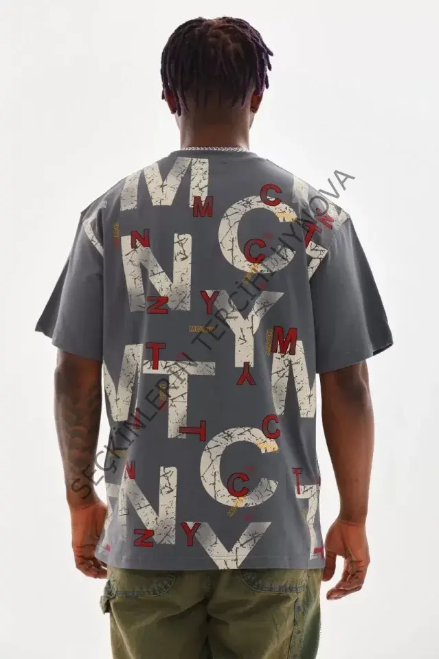 Unisex Baskılı Oversize T-Shirt - Füme