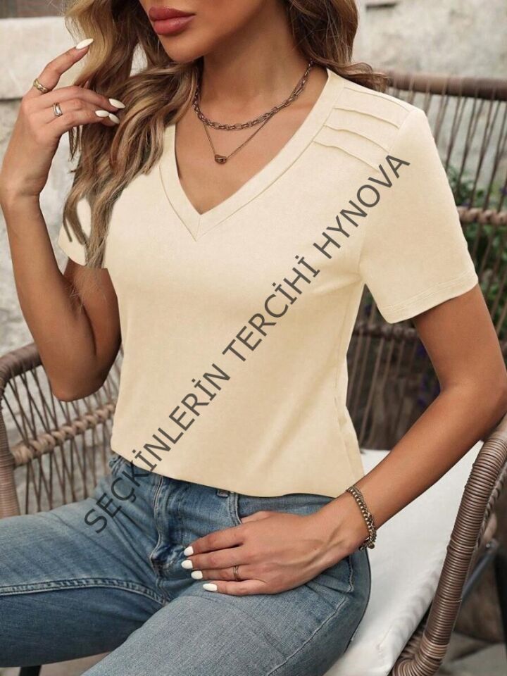 Kadın Kollu V Yakalı Omuzlarda çizgi Detaylı Viskon Bluz