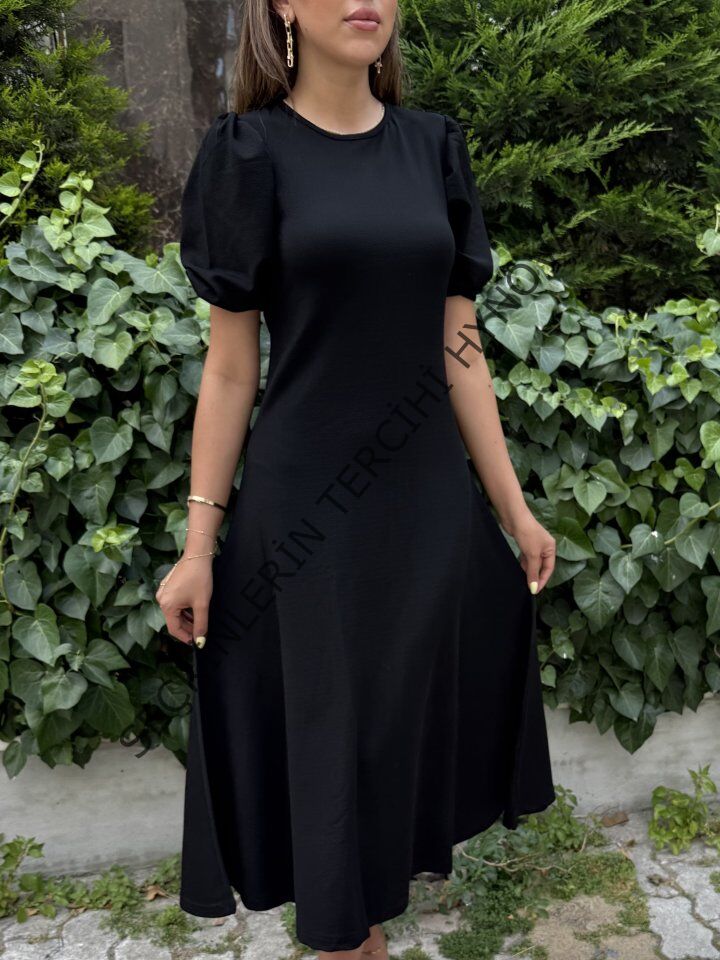 Kadın Kısa Balon Kollu Bisiklet Yaka Geniş Kesim Janjan Krep Elbise