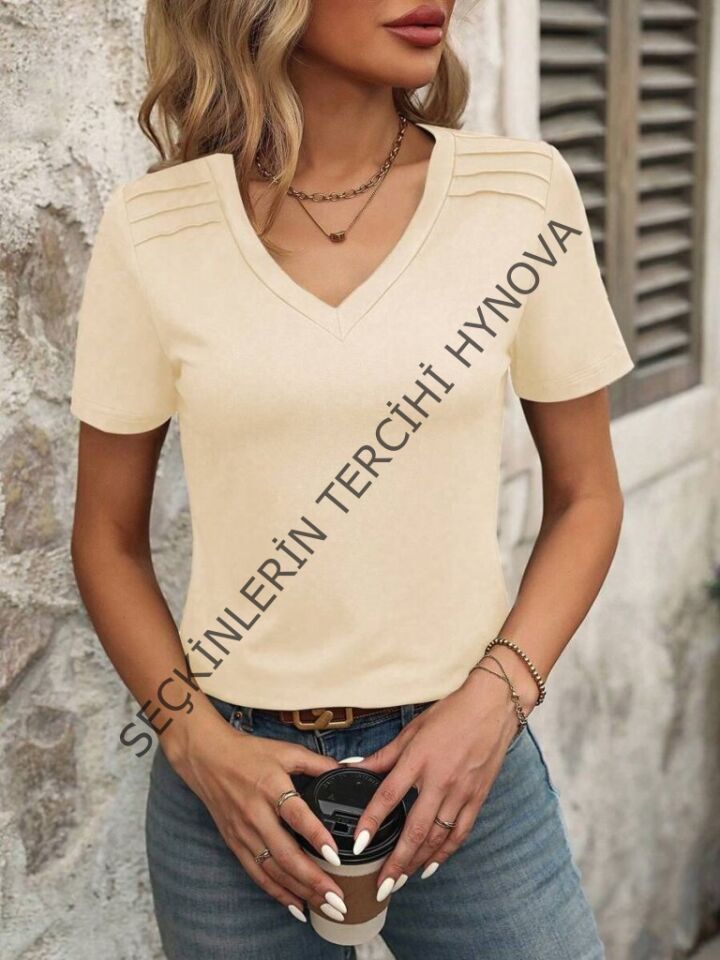 Kadın Kollu V Yakalı Omuzlarda çizgi Detaylı Viskon Bluz