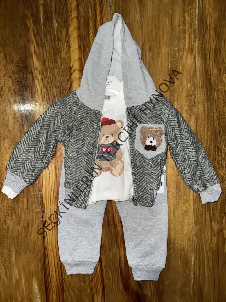 6-24 aylık ceketli kapşonlu üçlü takım gribeyaz