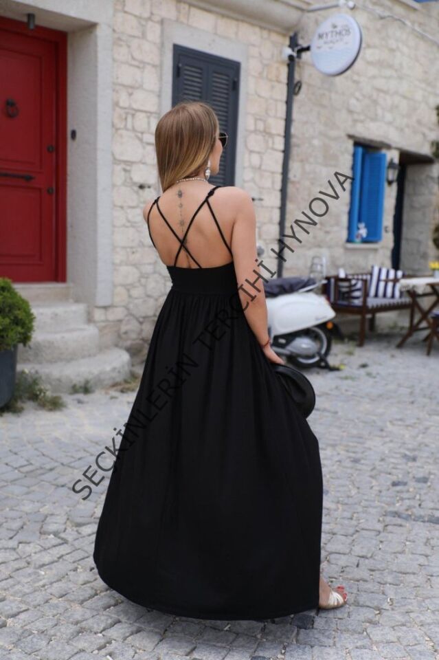 Kadın Sırttan çapraz Bağcıklı Yırtmaçlı Cepli Viskon Elbise