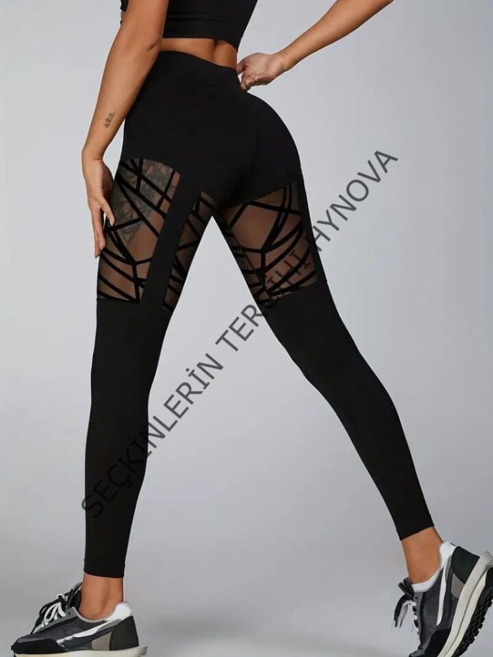 Kadın Yüksek Bel Tül Detaylı Spor Tayt