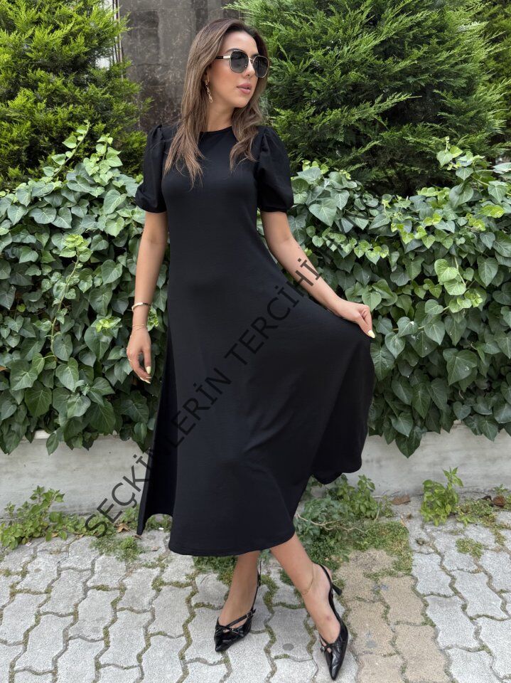 Kadın Kısa Balon Kollu Bisiklet Yaka Geniş Kesim Janjan Krep Elbise