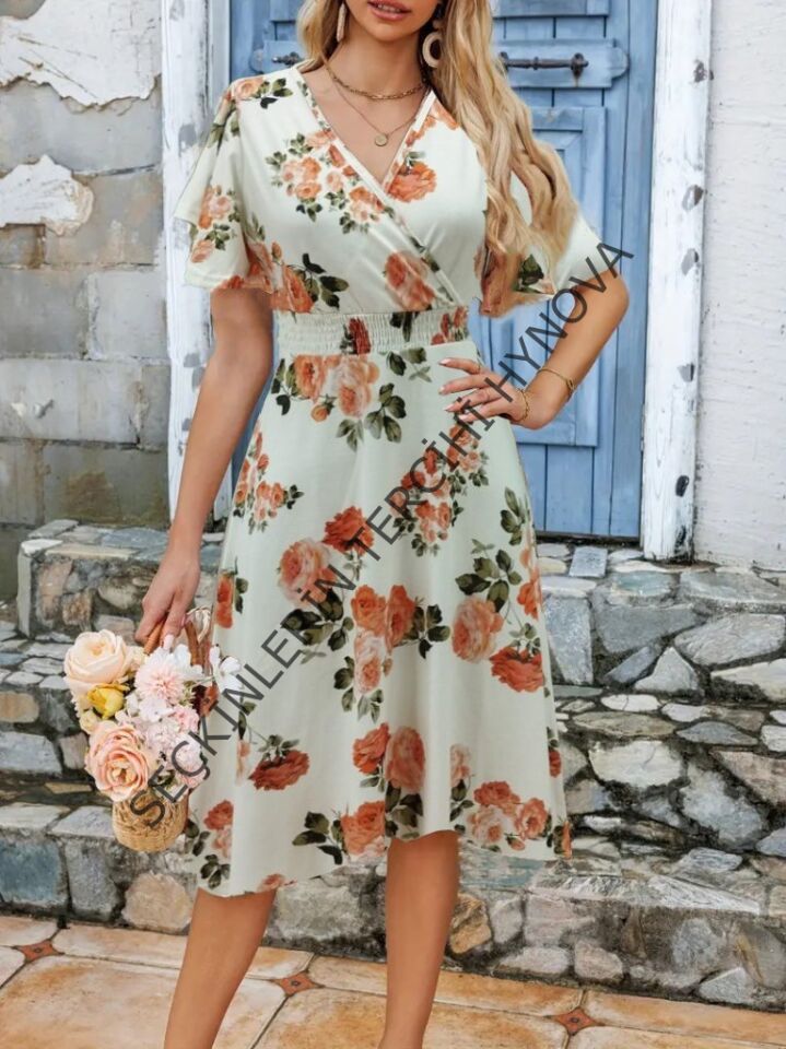 Kadın Kısa Kollu Kruvaze Yakalı Desenli Süprem Kısa Elbise