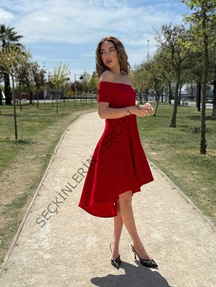 Kadın Kısa Kollu Madonna Yaka önü Kısa Arkası Uzun Ithal Krep Elbise