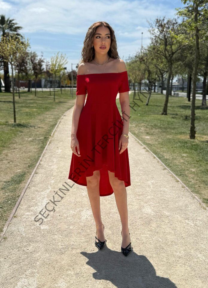 Kadın Kısa Kollu Madonna Yaka önü Kısa Arkası Uzun Ithal Krep Elbise