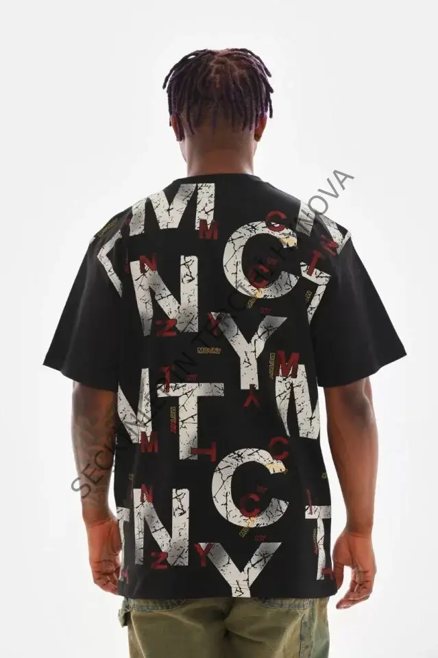 Unisex Baskılı Oversize T-Shirt - Siyah