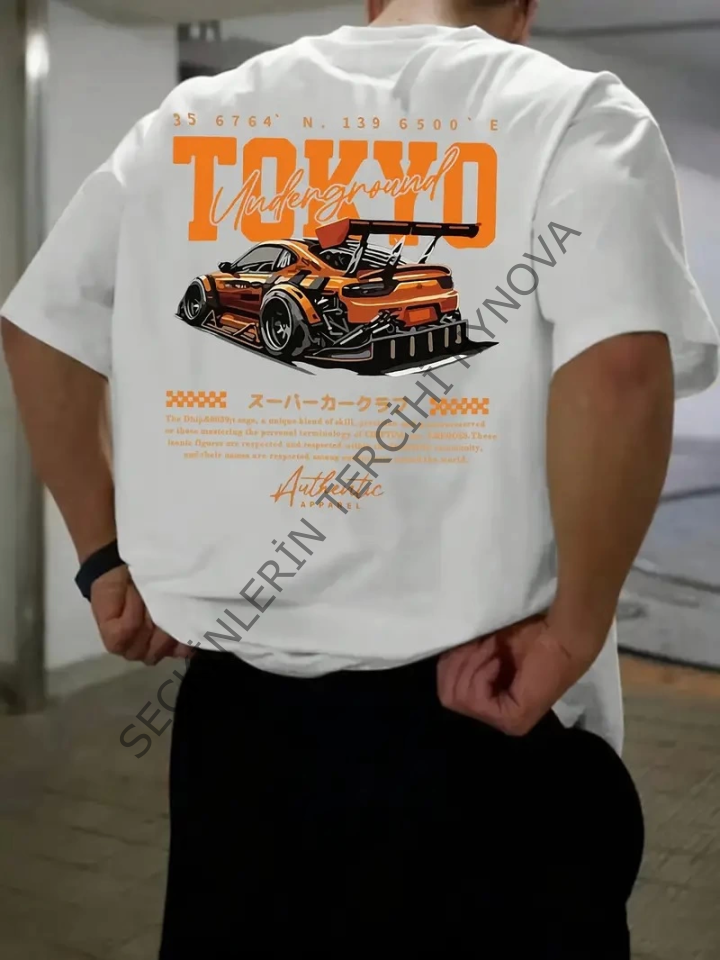 Baskılı Oversize Bisiklet Yaka T-shirt - Beyaz