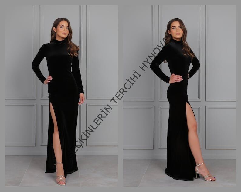 Kadın Uzun Kollu Yarım Balıkçı Yaka Derin Yırtmaç Detay Krep Tam Boy Elbise