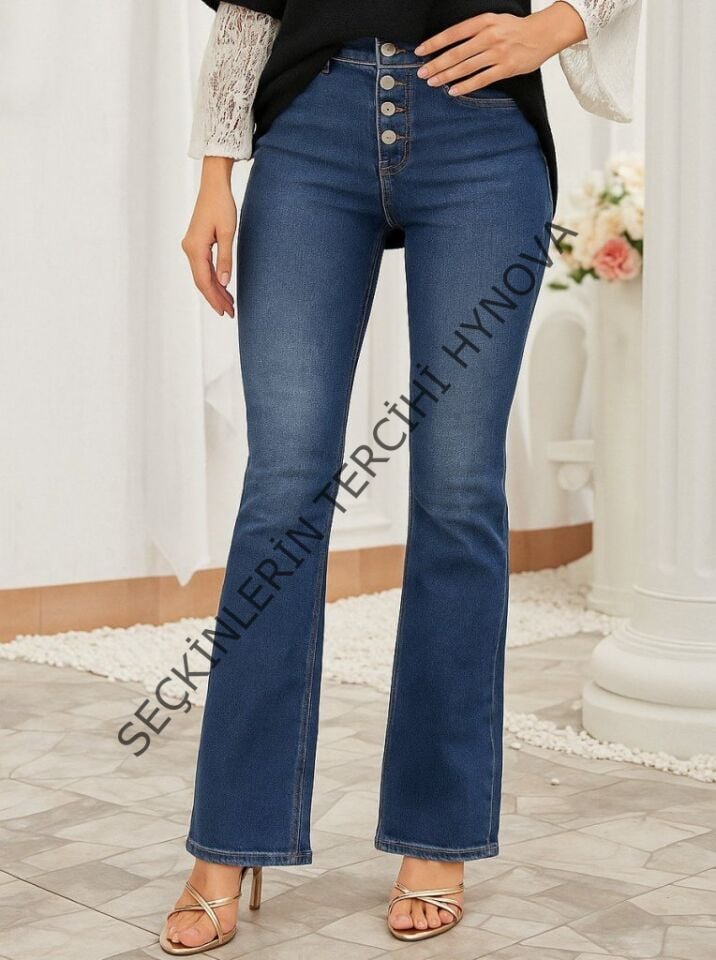 Kadın Yüksek Bel önden Düğmeli Cep Detay Ispanyol Paça Denim Pantolon