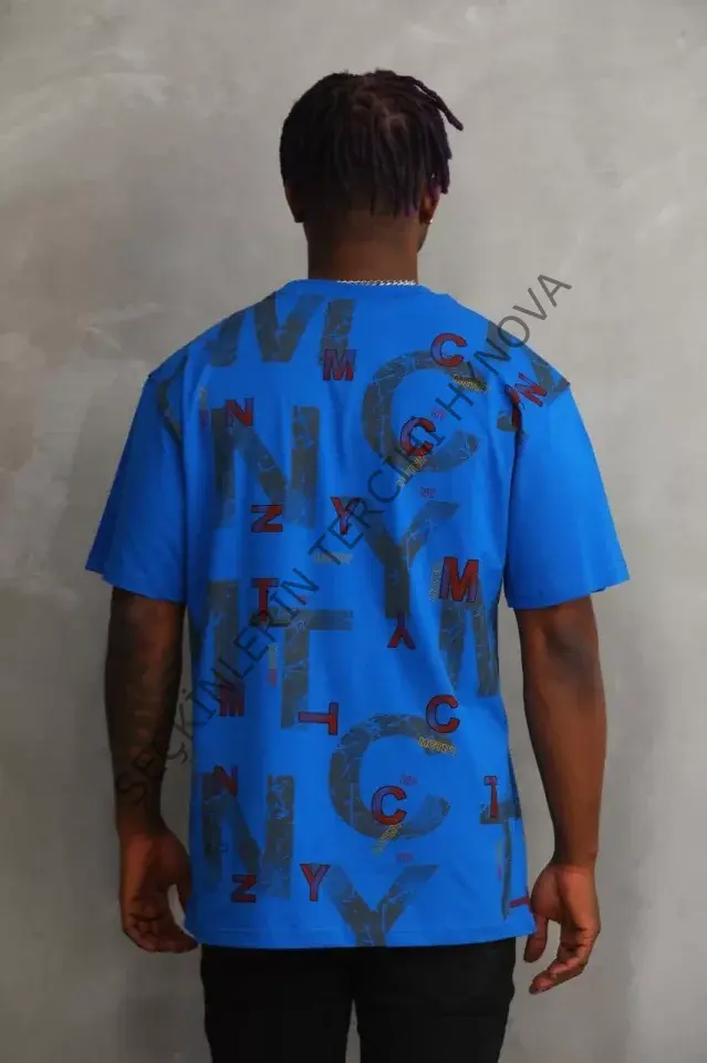 Unisex Baskılı Oversize T-Shirt - Mavi