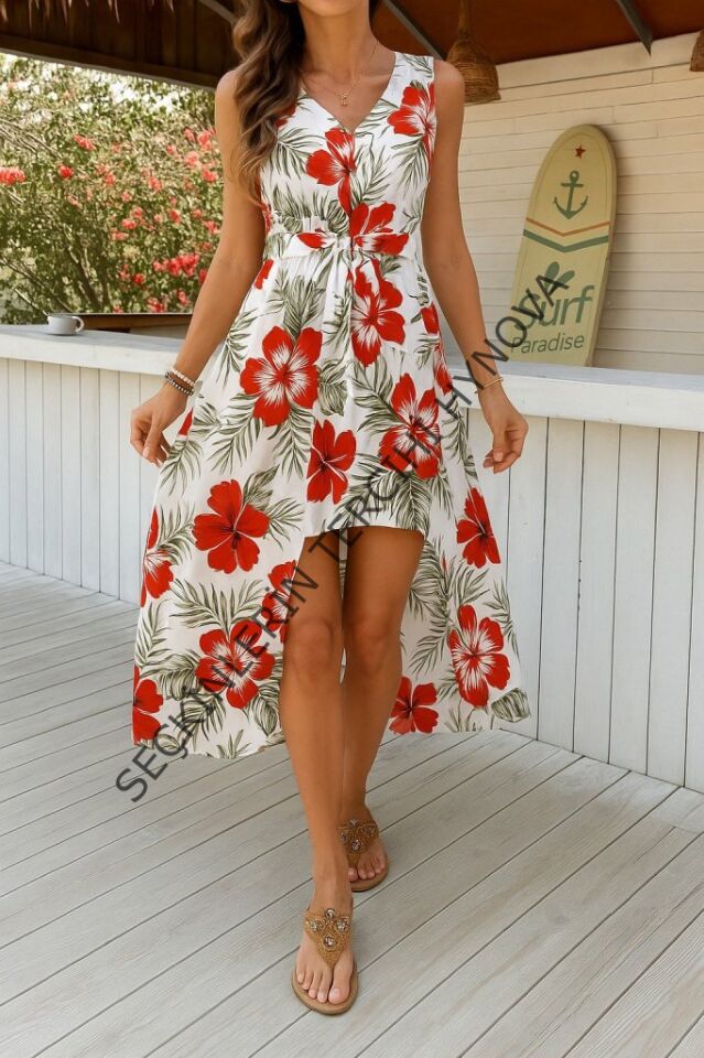 Kadın Kolsuz V Yakalı Desenli Süprem Tulum Elbise