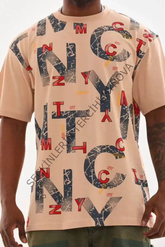 Unisex Baskılı Oversize T-Shirt - Bej