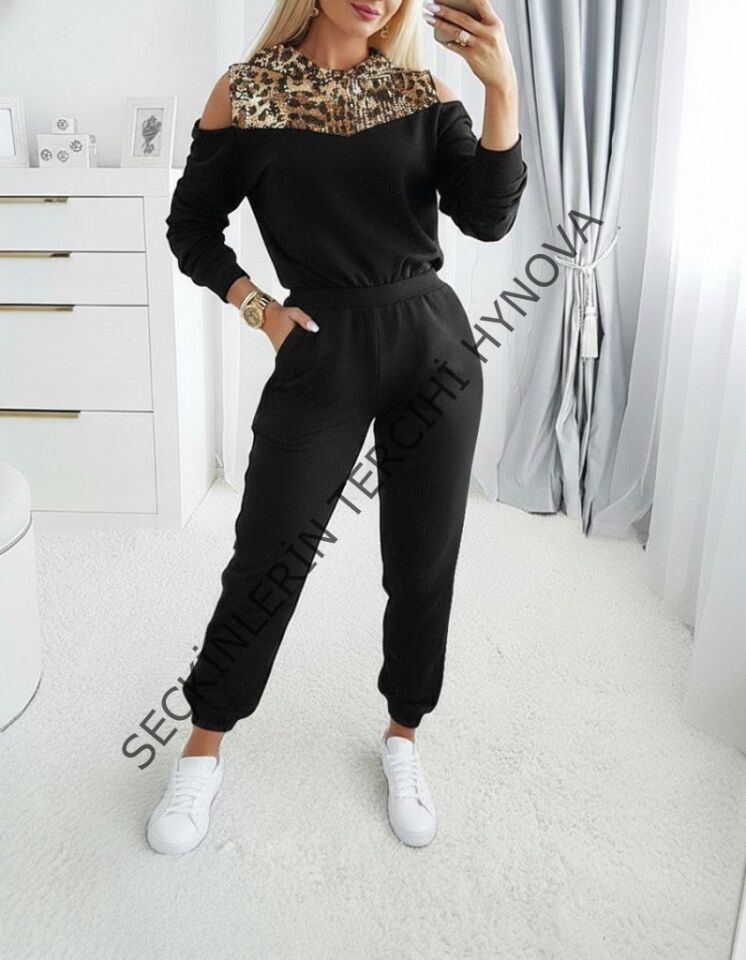 Kadın Uzun Kollu Omuzlardan Açık Leopar Desenli Kapşonlu Viskon Iki Iplik Bluz Ve Pantolon Ikili Takım