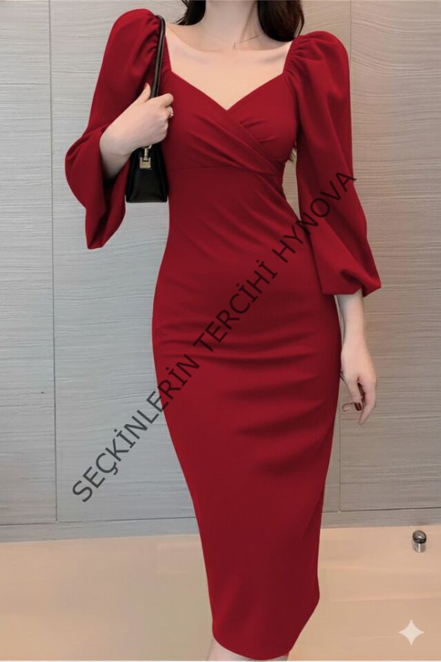 Kadın Uzun Kollu Kalp Yakalı Midi Ithal Krep Elbise