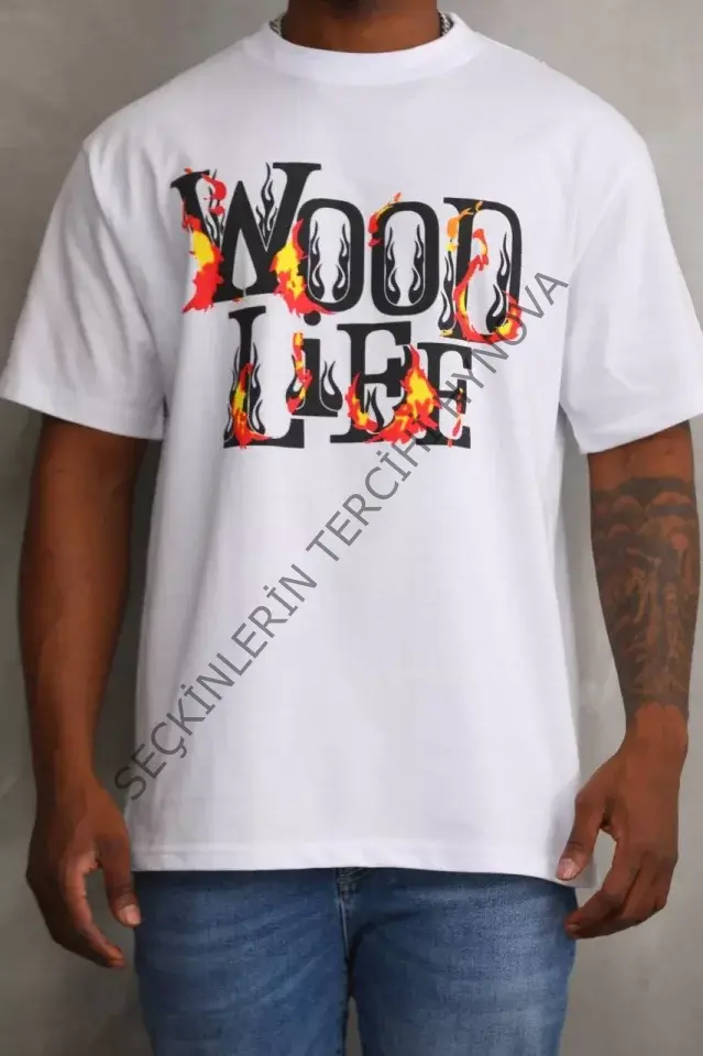 Unisex Baskılı Oversize T-Shirt - Beyaz