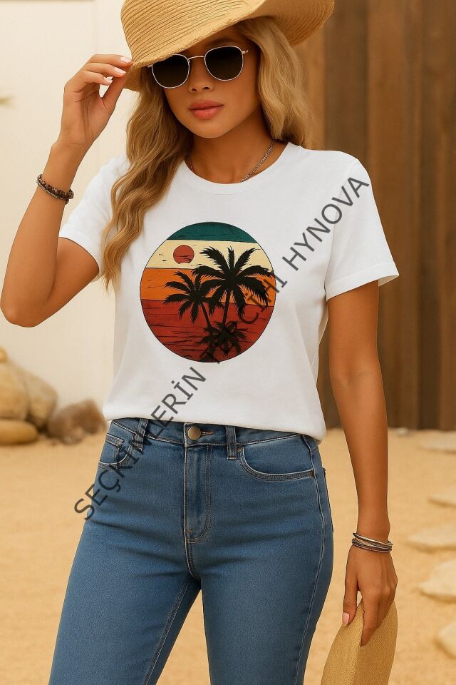 Kadın Kısa Kollu Palmiye Baskılı Viskon T-shirt