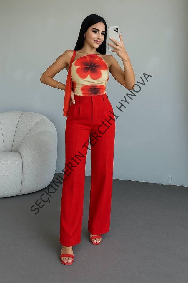 Kadın Yüksek Bel Plise Detay Bol Paça Pantolon