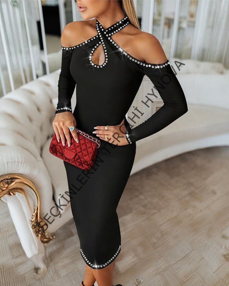 Kadın Omuzlardan Açık Boyundan Geçmeli Damla Detaylı Taşlı Midi Dalgıç Elbise