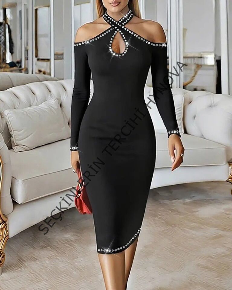 Kadın Omuzlardan Açık Boyundan Geçmeli Damla Detaylı Taşlı Midi Dalgıç Elbise