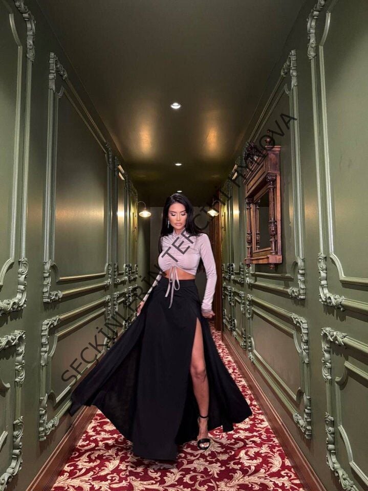 Kadın Asansör Büzgü Detay Krom Ve Derin Yırtmaçlı Maxi Boy Etek Ikili Takım