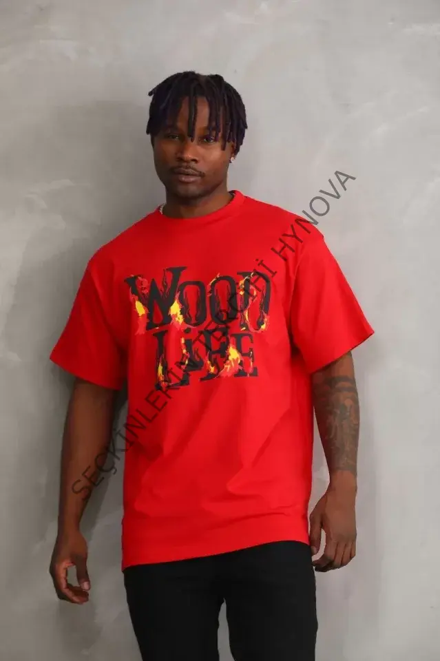 Unisex Baskılı Oversize T-Shirt - Kırmızı