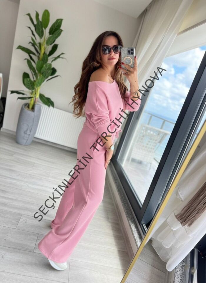 Kadın Uzun Kollu Tek Omuzdan Açık Dalgıç Bluz Ve Pantolon Ikili Takım
