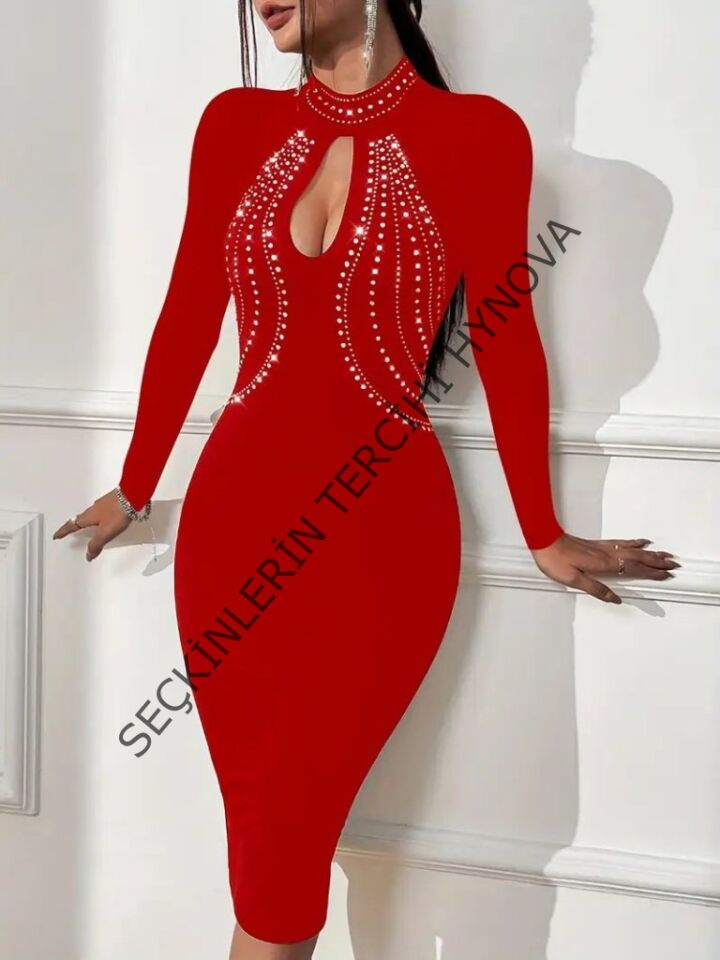 Kadın Uzun Kollu Balıkçı Yaka Taşlı Damla Detay Midi Ithal Krep Elbise